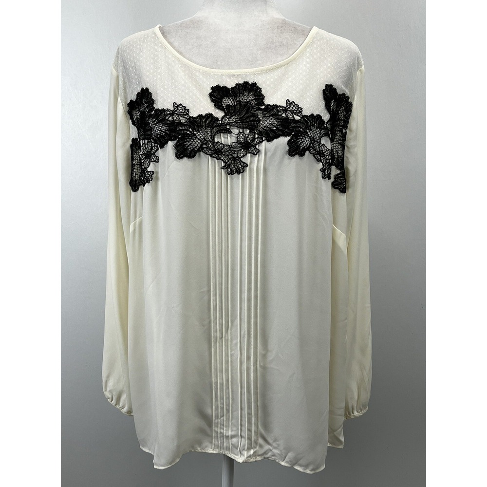 NEW! Talbots Blouse 2X Plus Cream Black Lace Trim Slight Balloon Sleeve Pleated